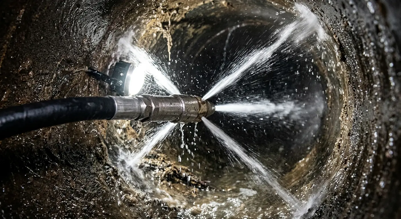 High-pressure hydro jetting nozzle cleaning sewer pipe for Trenchless Sewer Repair in Columbus