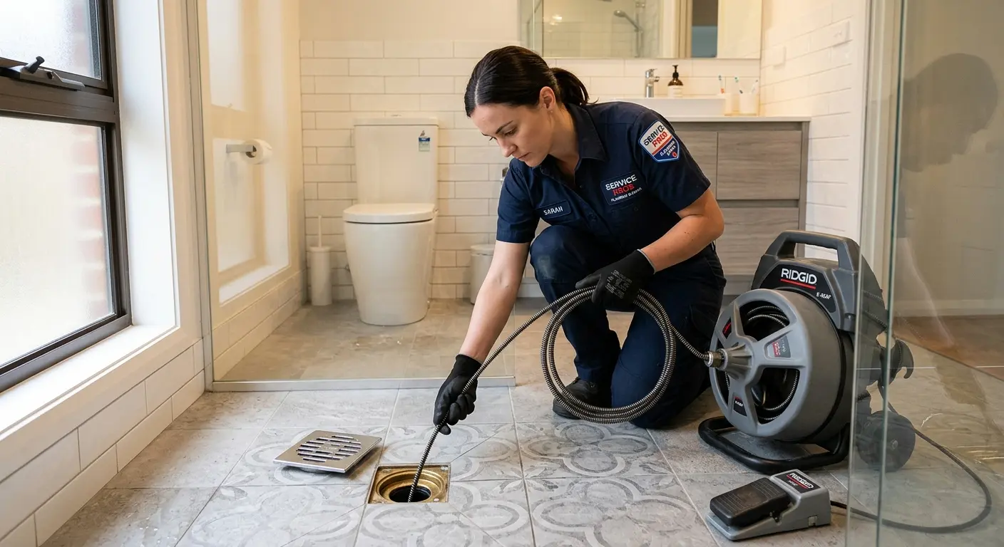 Technician clearing a bathroom floor drain for Hydro Jetting in Columbus